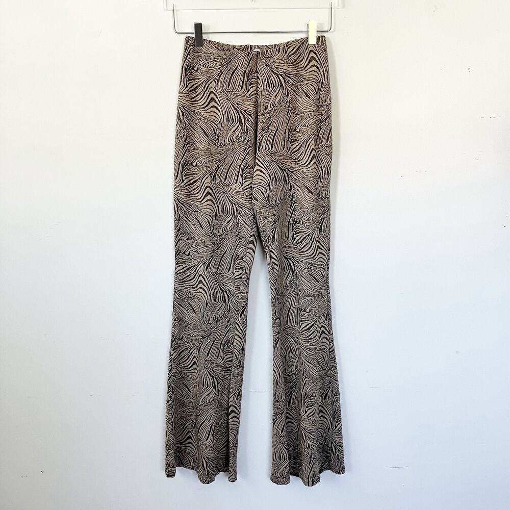 Zara S Small Flared Pants Swirly Abstract Print Brown Black Stretch Pull On